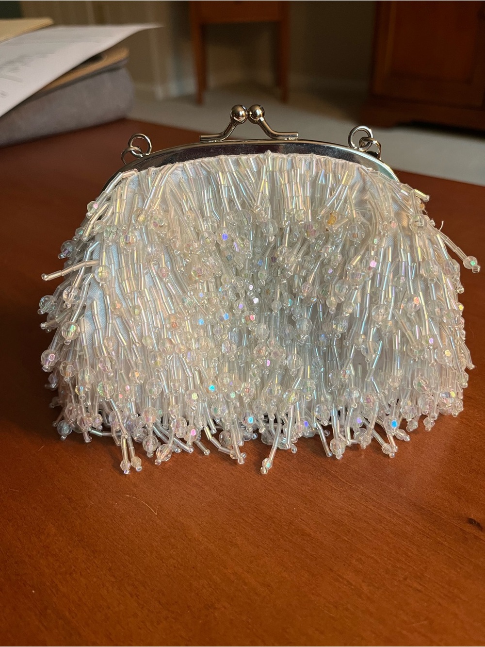 Vintage Beaded Iridescent White Kiss-Lock Evening Bag with Silver chain